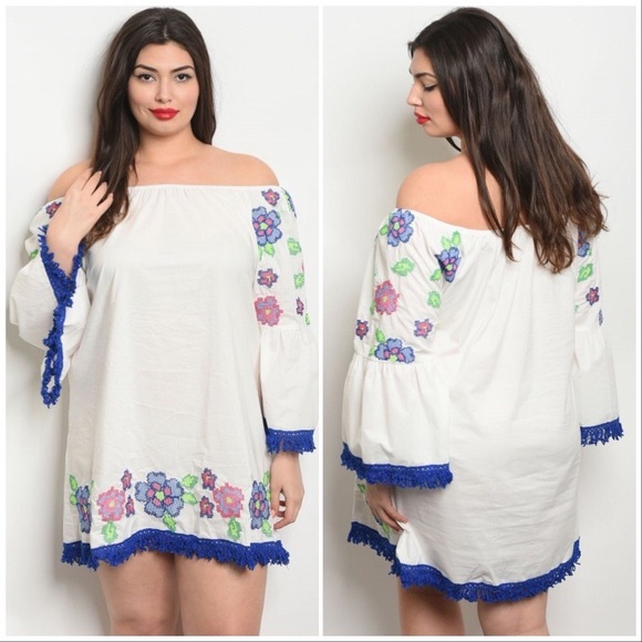 Off-White Embroidered Floral Dress W/ Blue Trim